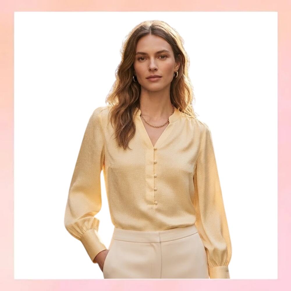 Ryegrass Yellow Satin Button Front Long Sleeve Blouse Top XS
